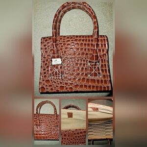 Croc-Embossed Brown Satchel Handbag